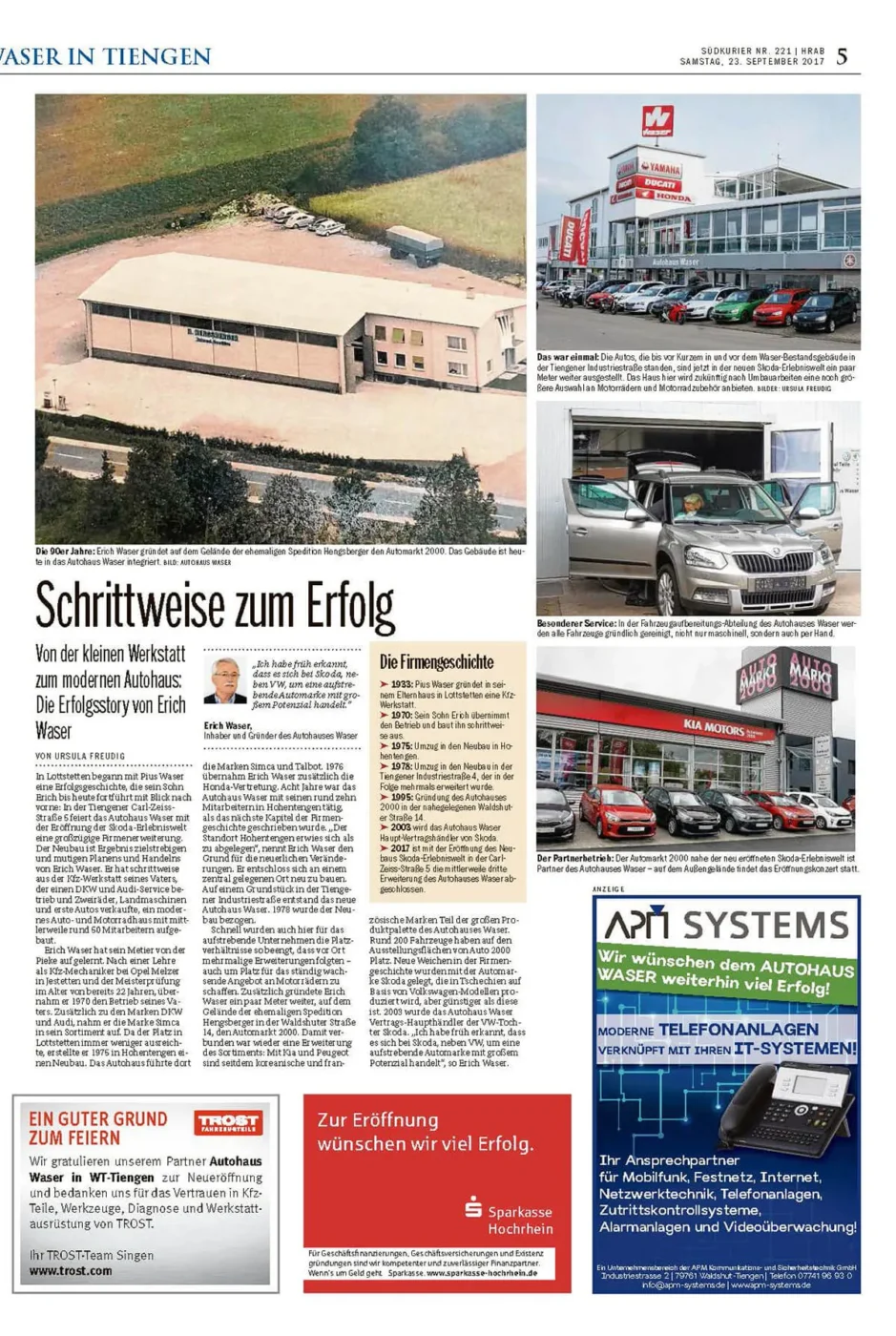 Eine Zeitungsseite zeigt die Entwicklung des Autohauses Waser mit Bildern von Gebäuden und Autos.