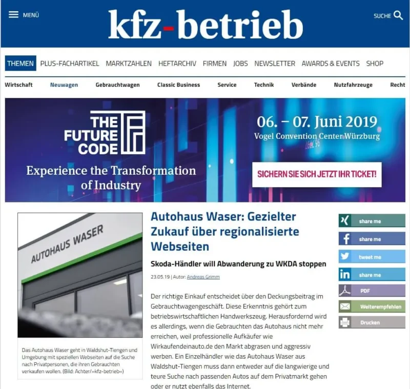 Titelbild der Website "kfz-betrieb" mit einem Artikel über das Autohaus Waser und den gezielten Zukauf über regionale Webseiten.