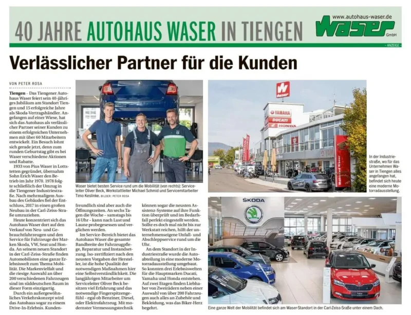 Zeitungsseite mit dem Titel "40 Jahre Autohaus Waser in Tiengen", Bildern des Autohauses und Mitarbeitern.