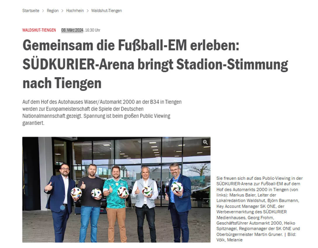Eine Gruppe von fünf Männern hält Fußbälle vor einem Gebäude.