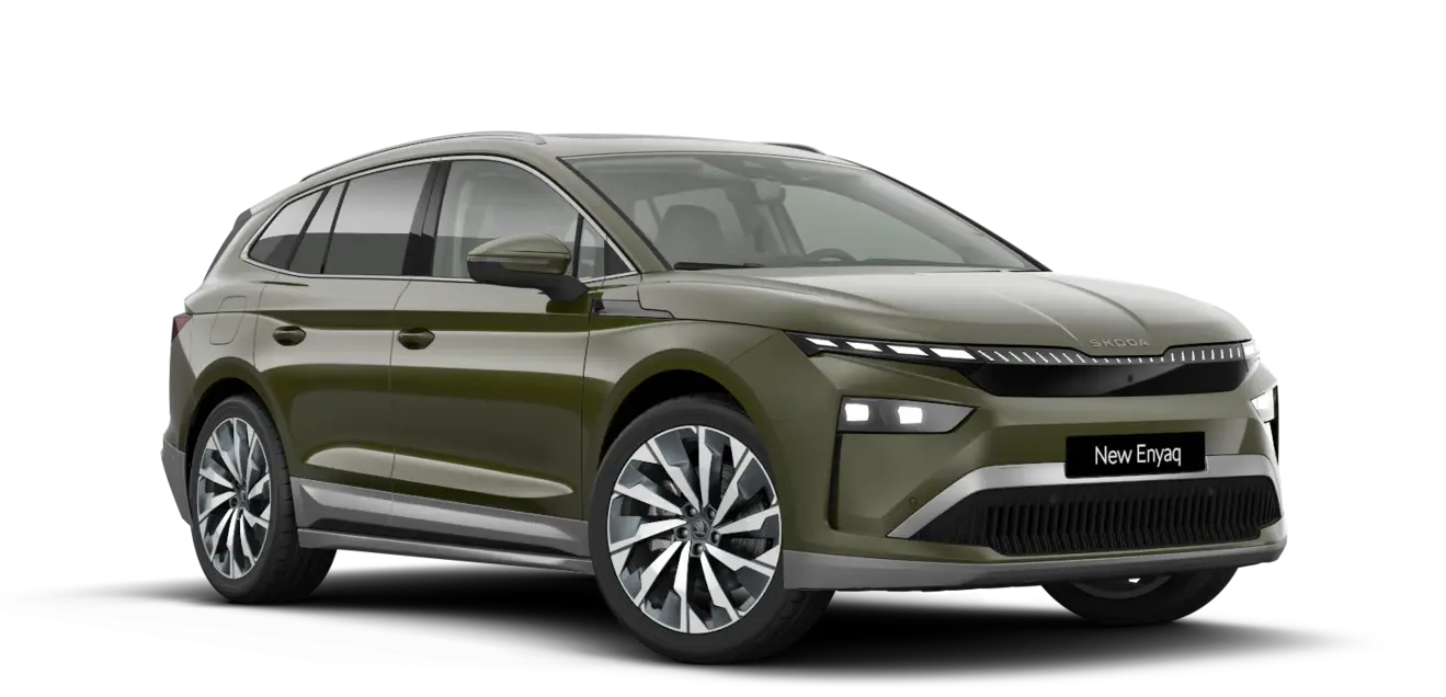 Ein olivgrüner Škoda Enyaq SUV auf transparentem Hintergrund.