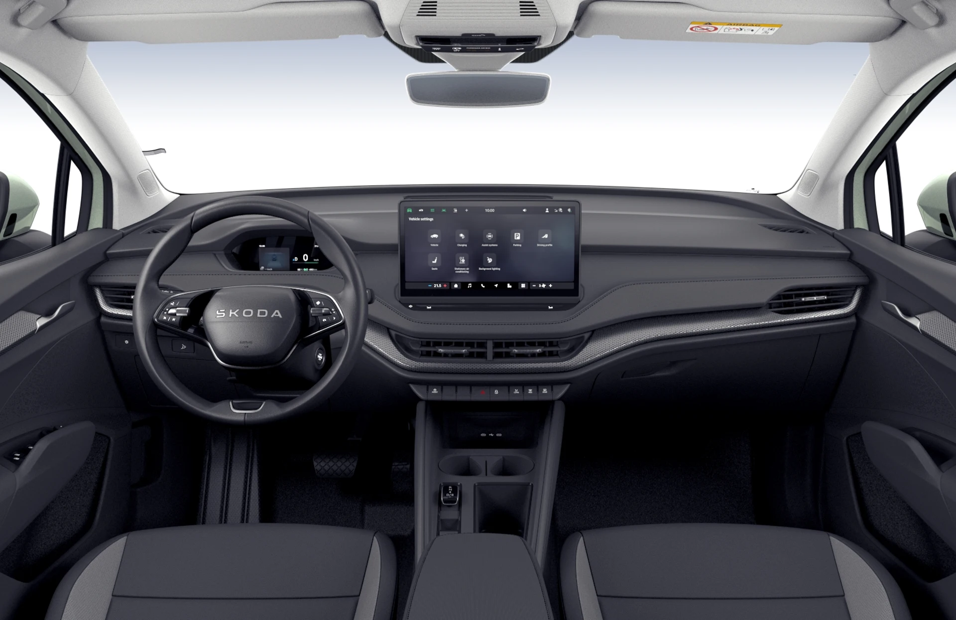Elroq_Ausstattung-bp1920_1 Innenraum des Skoda Elroq mit modernem Armaturenbrett und großem Touchscreen-Display.