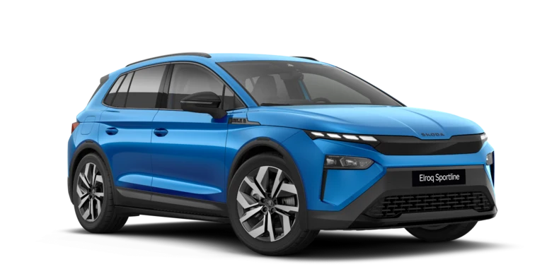 Ein blaues Skoda Elroq Sportline Auto mit transparentem Hintergrund.
