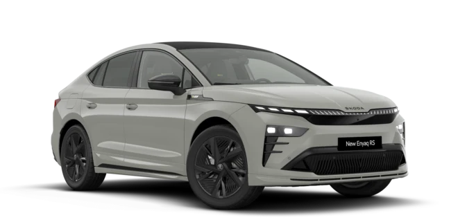 Skoda Enyaq Coupé RS in weißer Farbe, seitlich von vorne fotografiert.