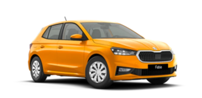 Skoda Fabia in leuchtendem Orange, Seitenansicht.