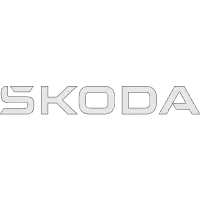 skoda-logo Skoda Schriftzug als Logo auf schwarzem Hintergrund.
