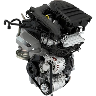 Ein moderner Auto-Motor 1,0 TSI 85 kW 7-Gang-DSGmit sichtbaren Komponenten und Riemen.