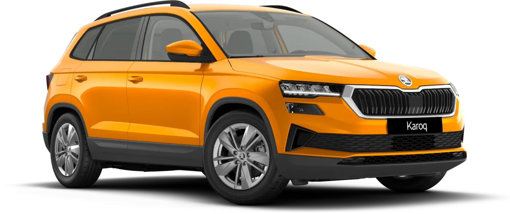 Karoq-header-1920 Orangefarbener Škoda Karoq SUV auf transparentem Hintergrund.