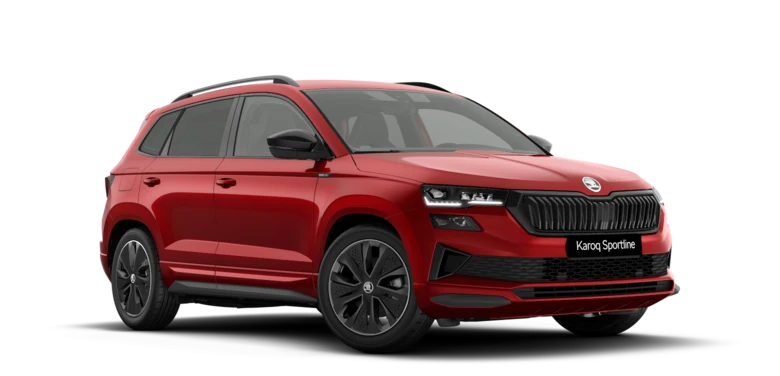 Ein roter Skoda Karoq Sportline SUV mit schwarzen Felgen.