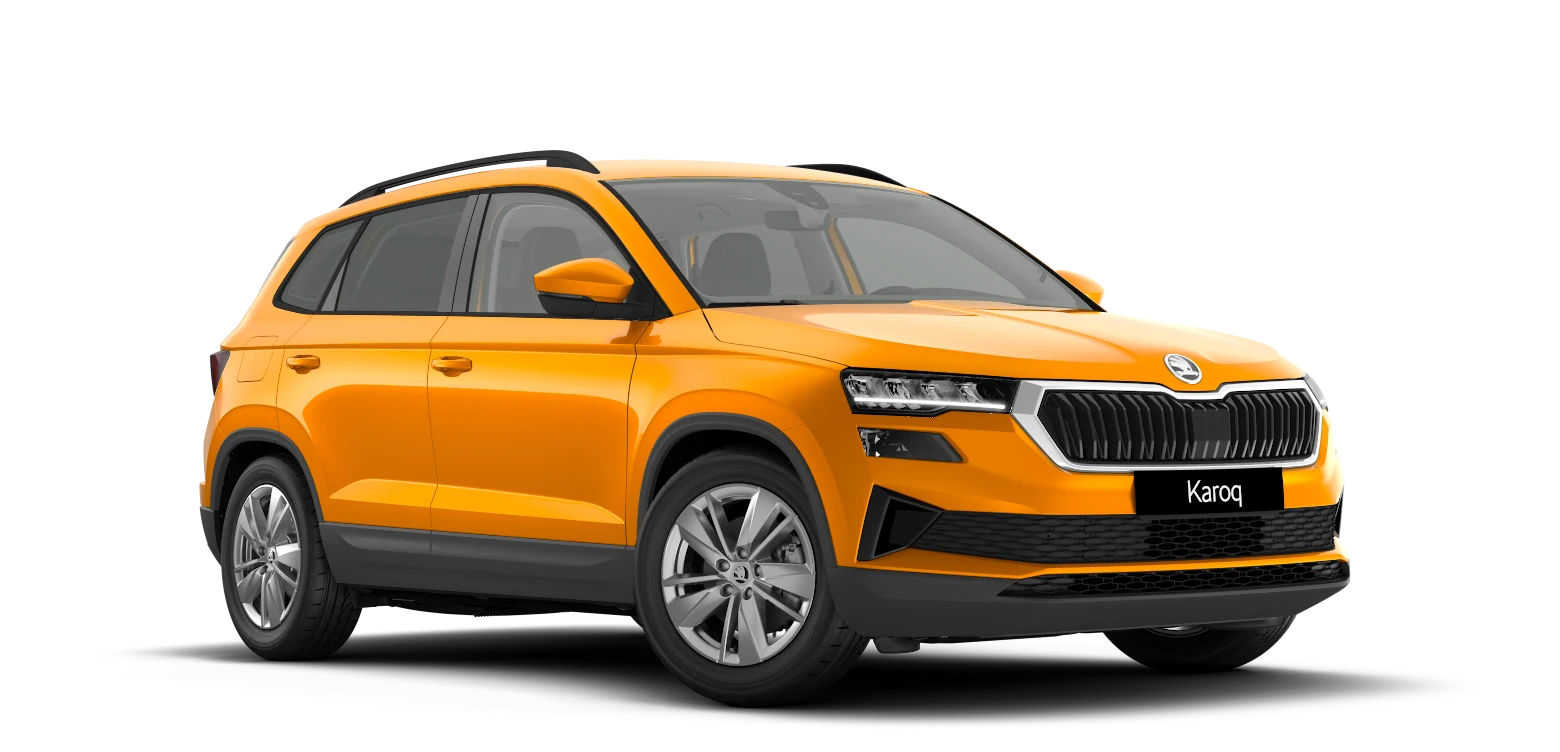 Skoda Karoq in leuchtendem Orange, Seitenansicht.