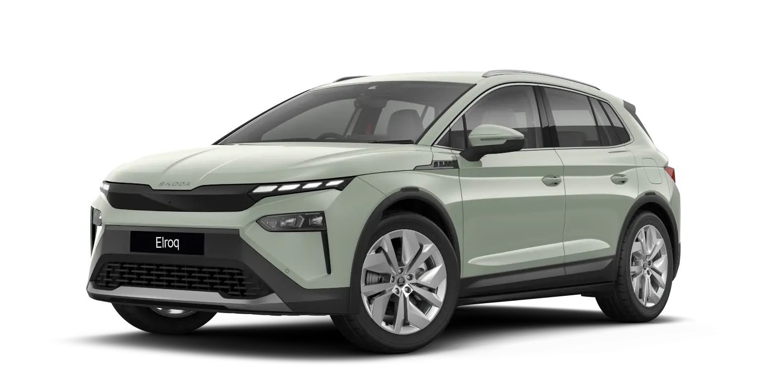 Ein grüner Škoda Elroq SUV steht auf einem transparenten Hintergrund.