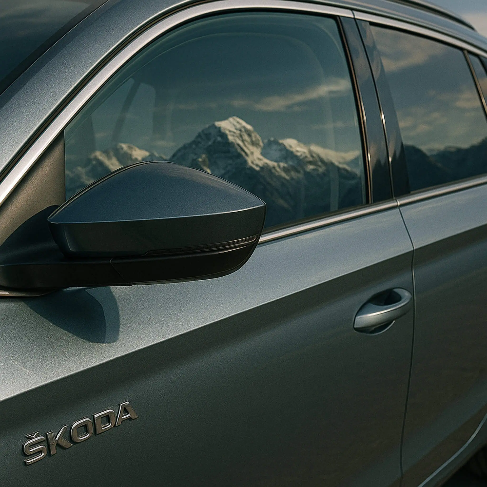 Nahaufnahme eines Autospiegels mit Schweizer Berglandschaft im Hintergrund.