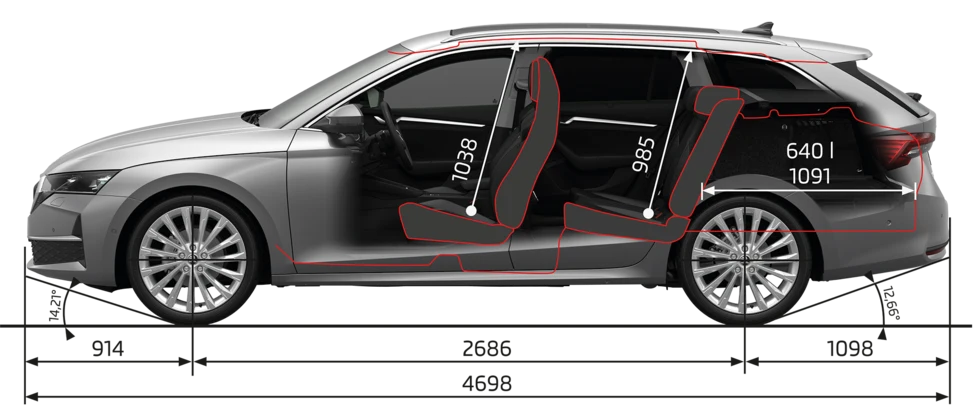 Ein grauer Skoda Octavia Combi 2025 in seitlicher Schnittansicht mit eingezeichneten Innenraummaßen.