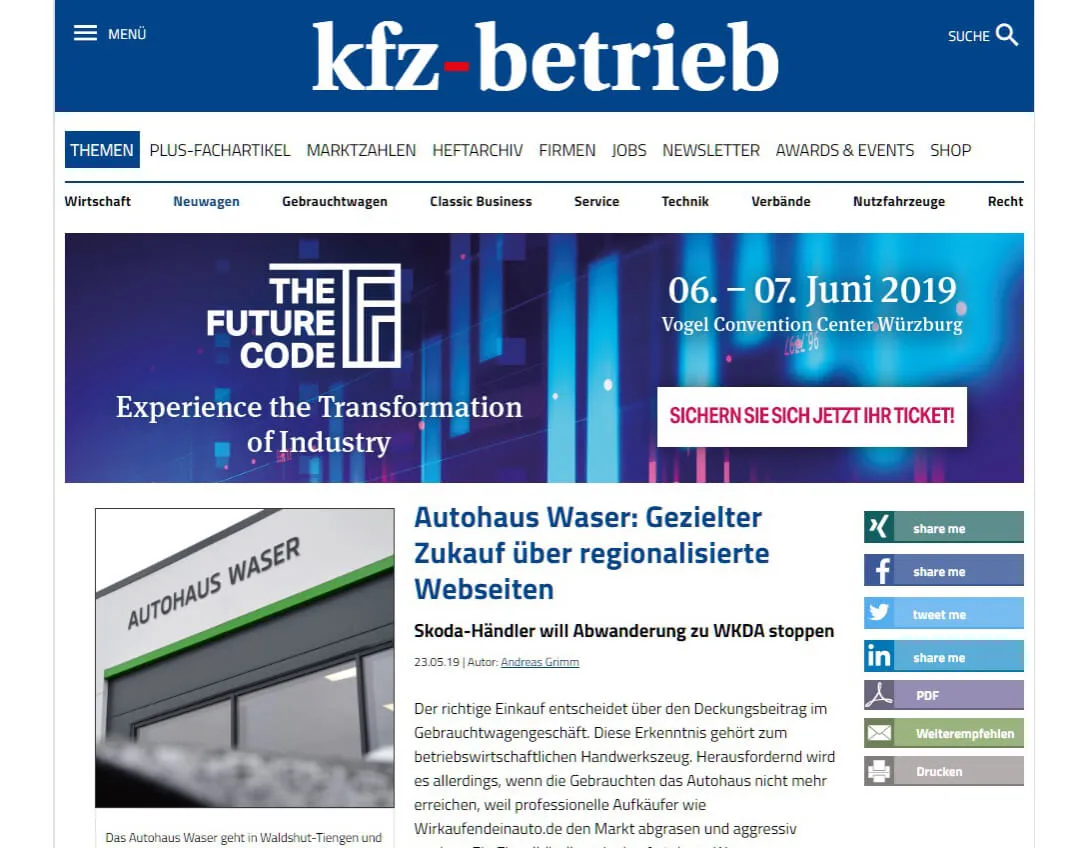 Startseite der Website "kfz-betrieb" mit einem Artikel über das Autohaus Waser.