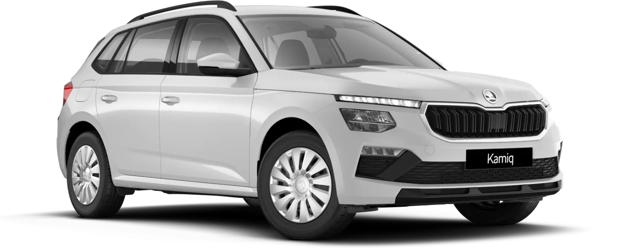 skoda-kamiq Ein weißer Škoda Kamiq von vorne auf transparentem Hintergrund.
