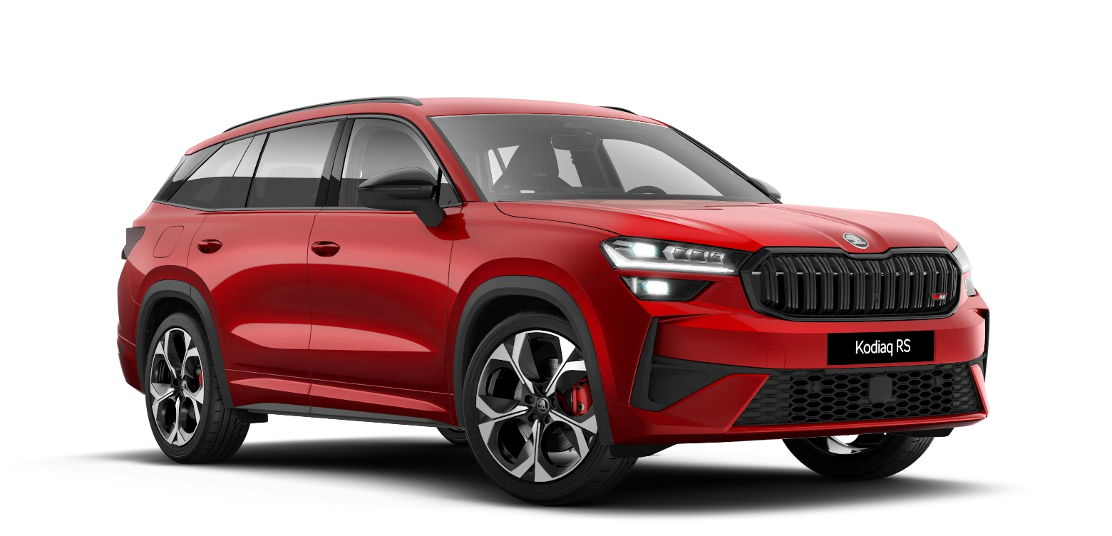 Rotes Skoda Kodiaq RS Auto in Seitenansicht.