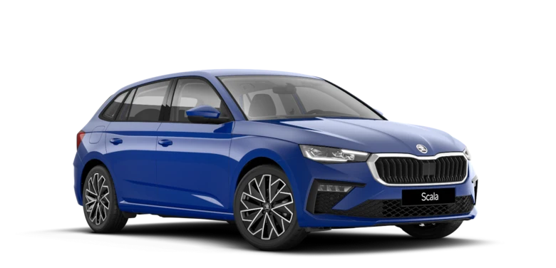 Blauer Škoda Scala Tour von der Seite auf transparentem Hintergrund.