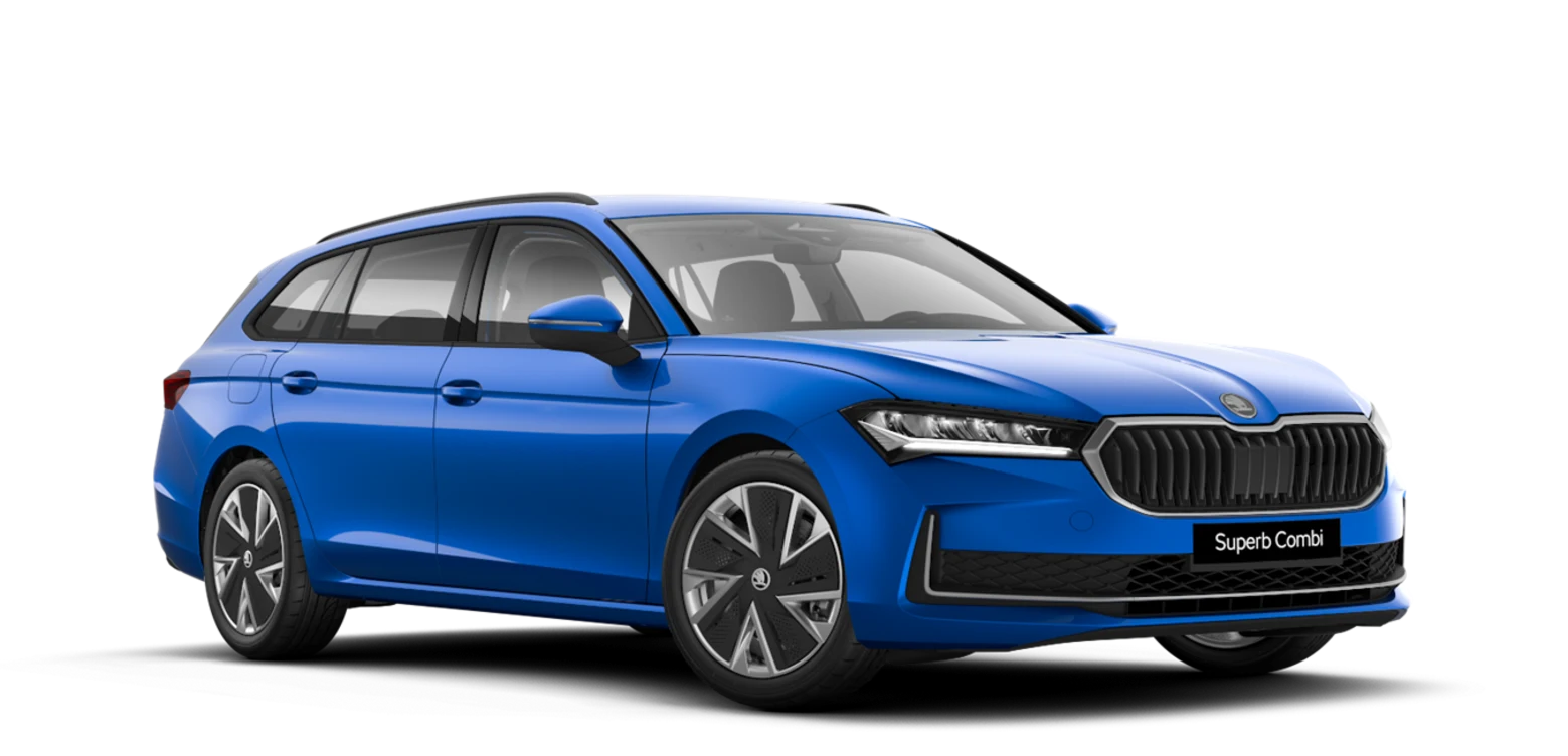 Blauer Škoda Superb Combi von der Seite.