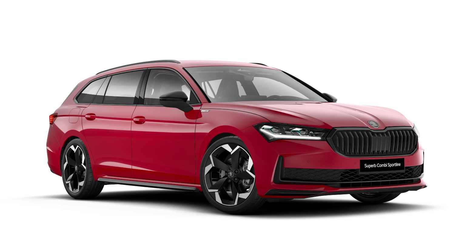 Skoda Superb Combi Sportline, rotes Auto, Seitenansicht.