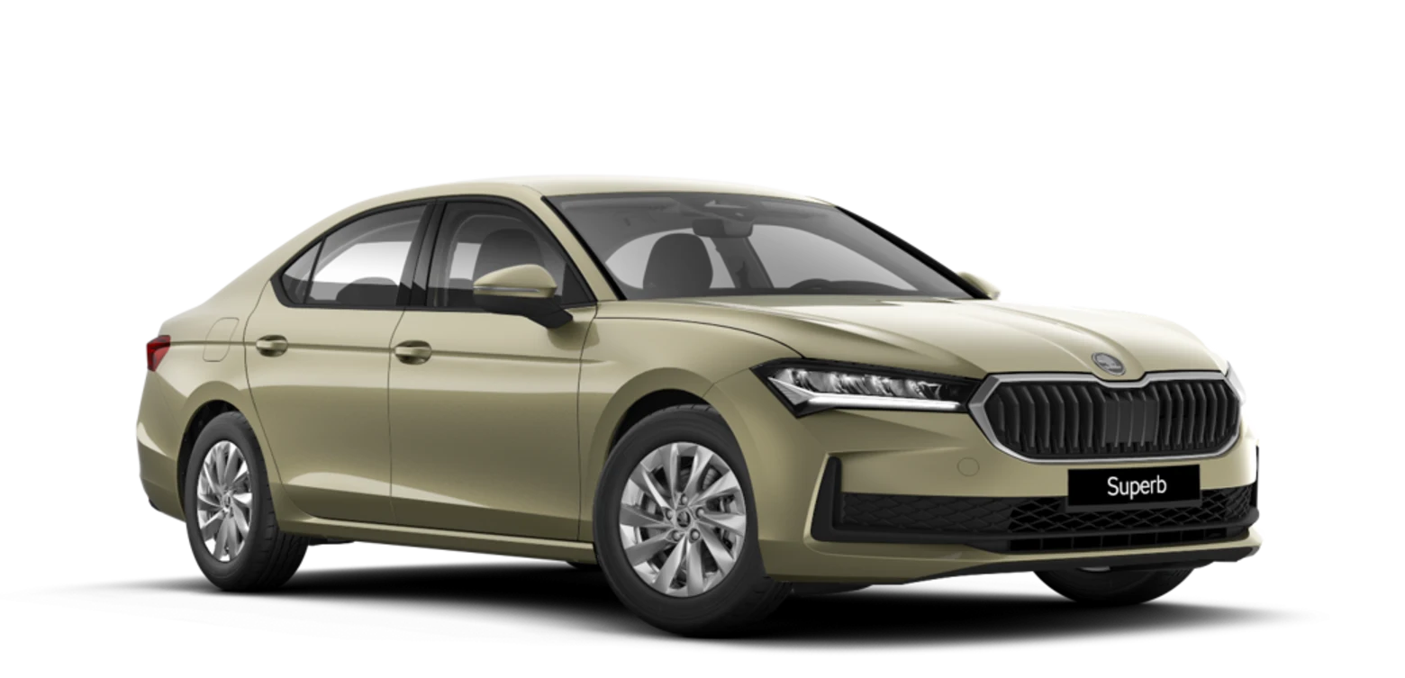 Sandfarbener Škoda Superb, seitlich von vorne