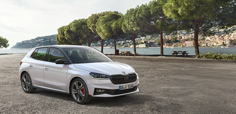 Ein weißer Škoda Fabia steht auf einer Straße mit Bäumen im Hintergrund.