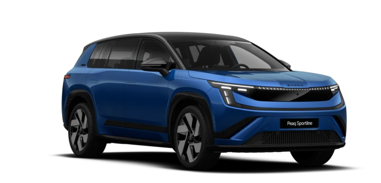 Ein blauer Skoda Epiq Sportline SUV mit modernen LED-Scheinwerfern.