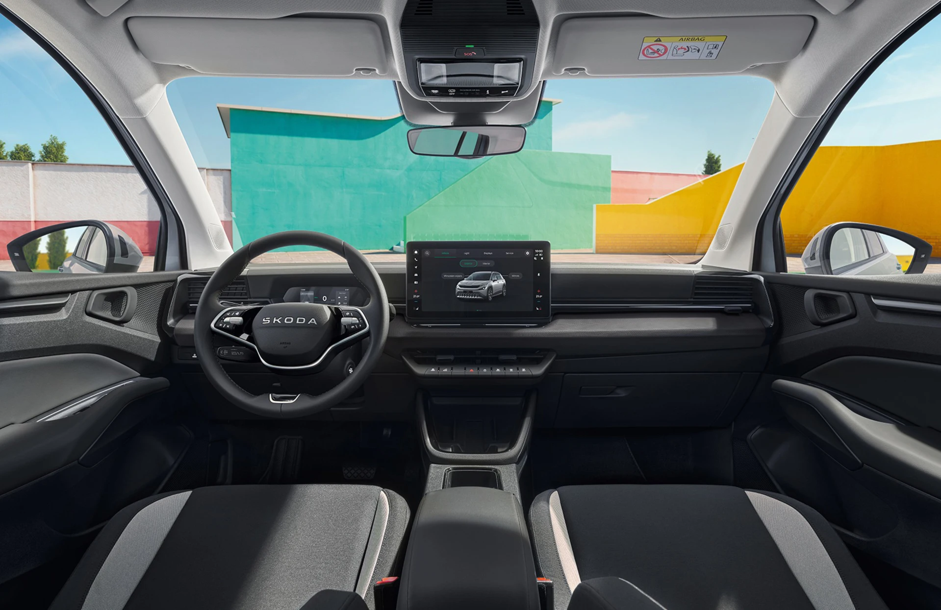 Innenansicht des Skoda Epiq mit modernem Armaturenbrett und Lenkrad.
